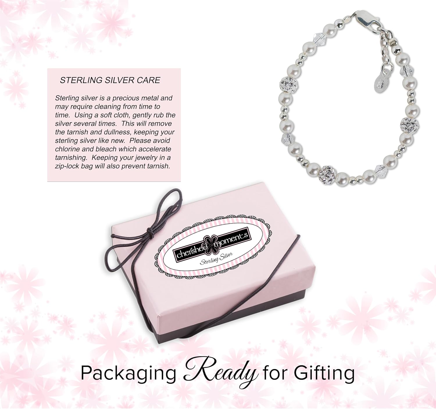 Cherished Moments 925 Sterling Silver Bracelet for Babies, Toddlers and Little Girls with Simulated Pearl, Crystal and Sparkling Stardust Beads - Image 4