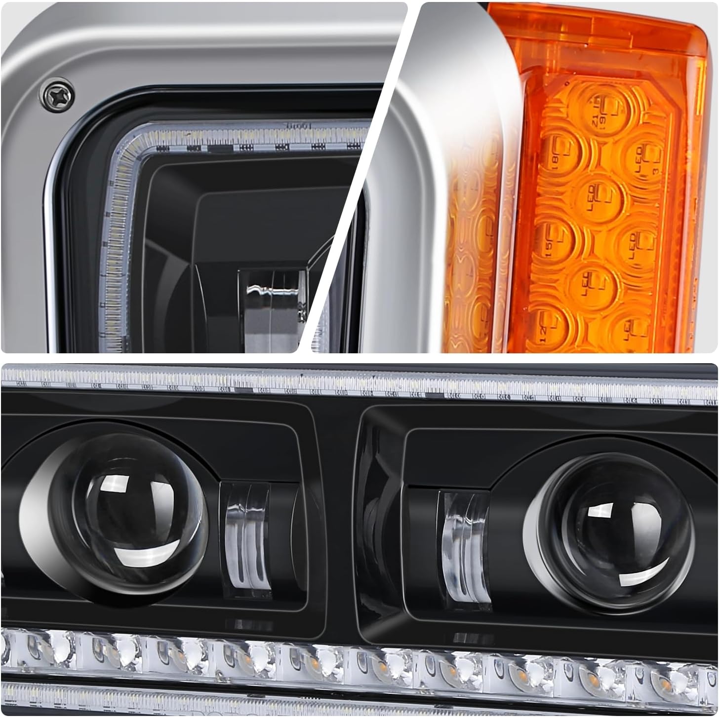 DNA MOTORING Pair of Headlight Assemblies Compatible With 1981-1988 Peterbilt 359, 1987-2007 Peterbilt 379, 2008-2021 Peterbilt 389, 35775, 35776, Black Housing, HL-HAY-062-BK
