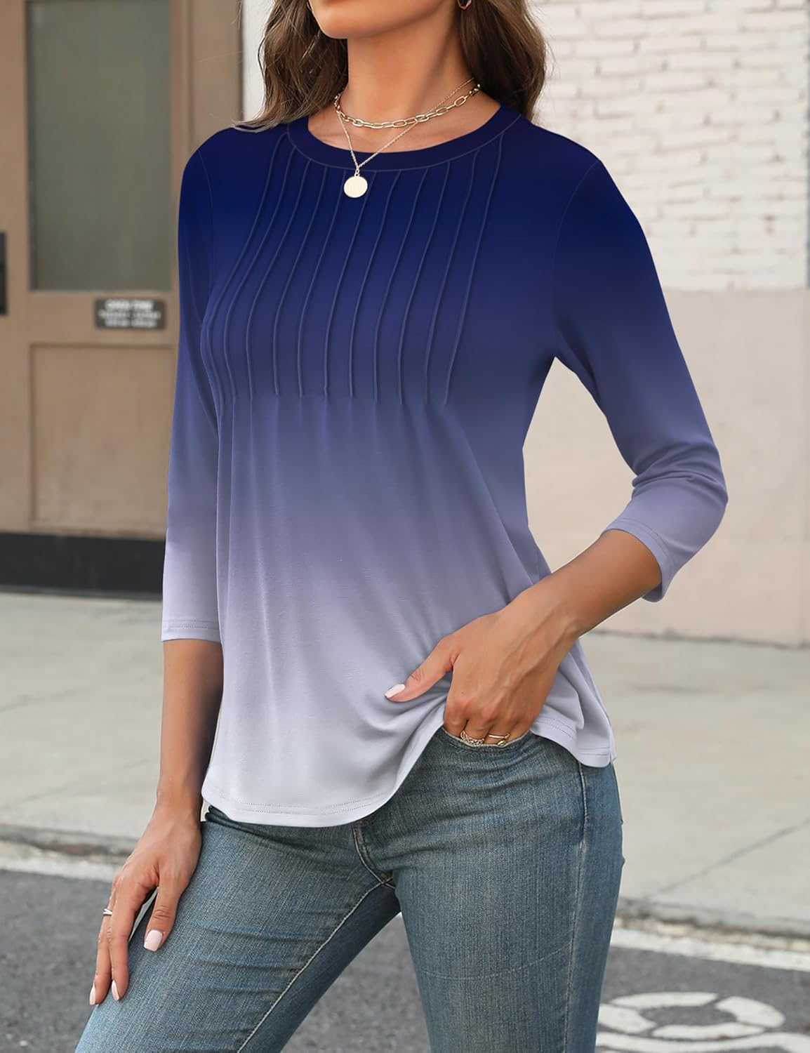 LOMON Women's 3/4 Length Sleeve Tops Crew Neck Dressy Casual Blouses Summer Tees Shirts - Image 2