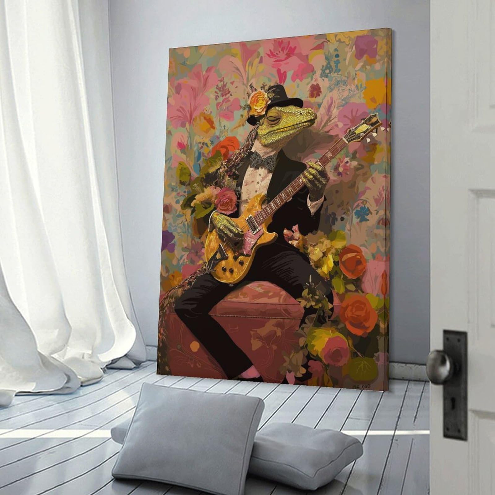 Junmoney Frame-Style-2 Decorative Wall Artwork Tuxedo Lizard Guitarist, 08X12inch(20X30cm), For Sofa Walls, Lounge Or Home Corners, Modern Wall Decor For Cosy Interiors