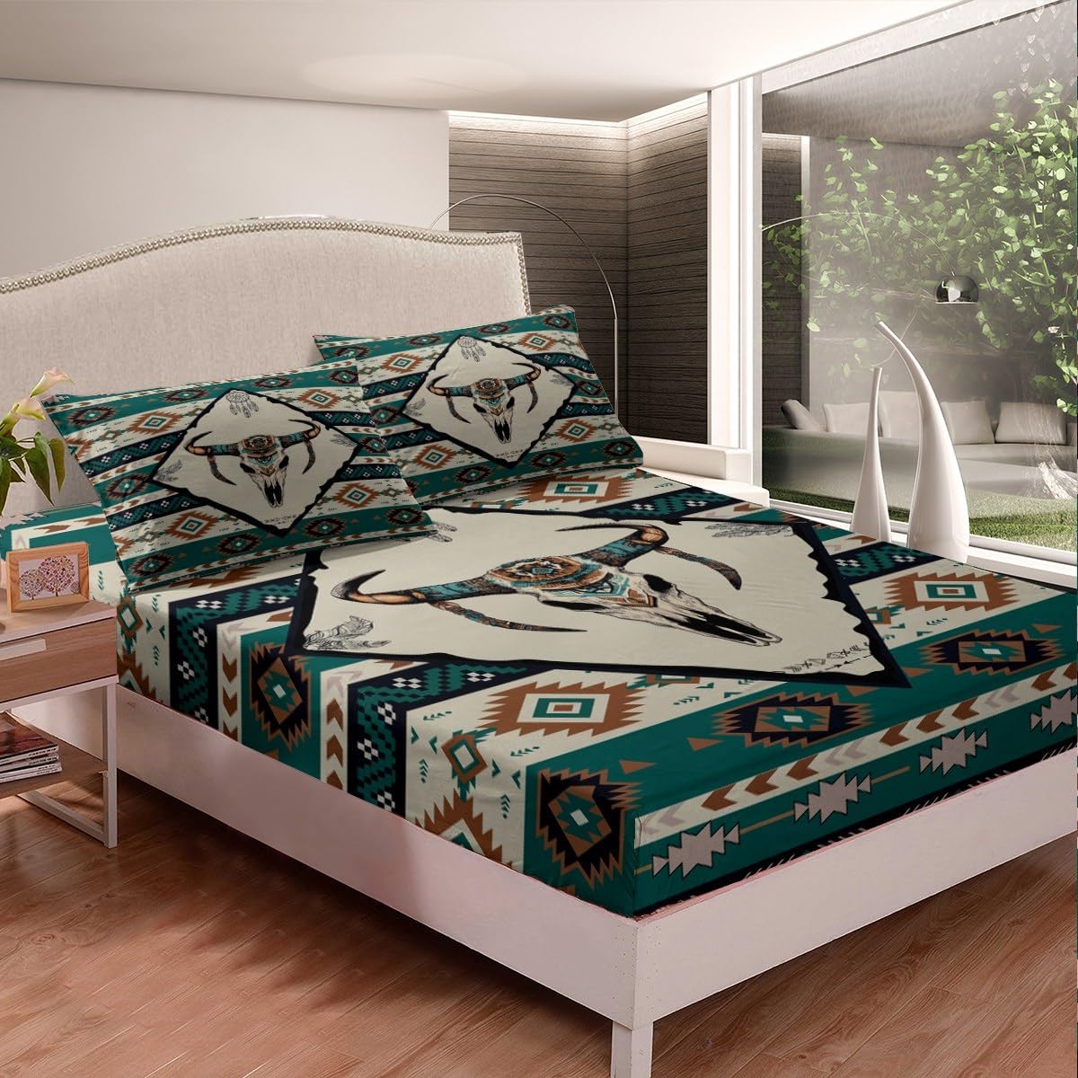 Erosebridal Bohemia Bull Skull Bed Sheets Set Queen,Southwest Aztec Sheet Set for Man Woman Adult,Hunting Animal Sheets Soft,Western Style Rustic Flat Fitted Sheet with 2 Pillow Shams Deep Pockets
