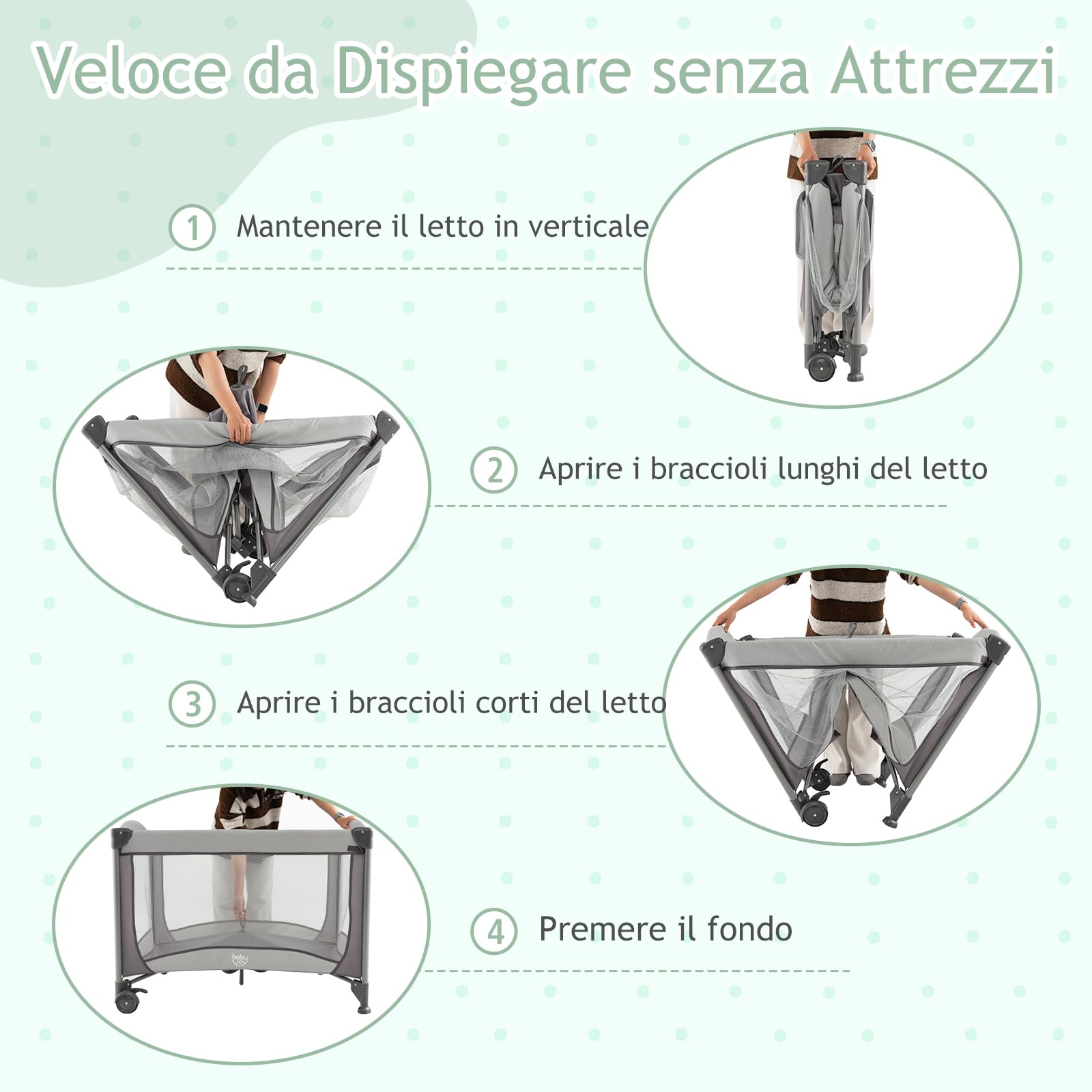 RELAX4LIFE 5-in-1 Lettino da Campeggio per Bambini, Culla Neonato Fianco Letto, Lettino Neonato con Materasso, Ruote Bloccabili e Borsa per il Trasporto, per Bambini 0-36 Mesi (Grigio)