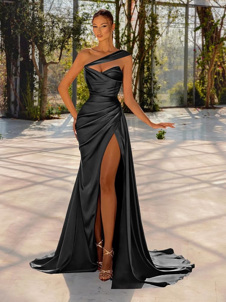 formal one shoulder black dress GUKARLEED Off The Prom Dresses for Women High Slit Ball Gown Ruched Satin Evening Size 0 : Clothing, Shoes & Jewelry a stunning blend of Category:BNT Only (one size / choose M) Sweatpants Evening Gowns Jcpenney Dresses