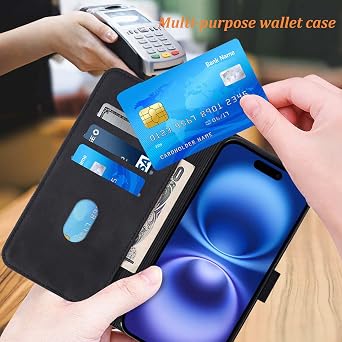 Wallet Case for iPhone 16, Card Holder, Strap (Black)