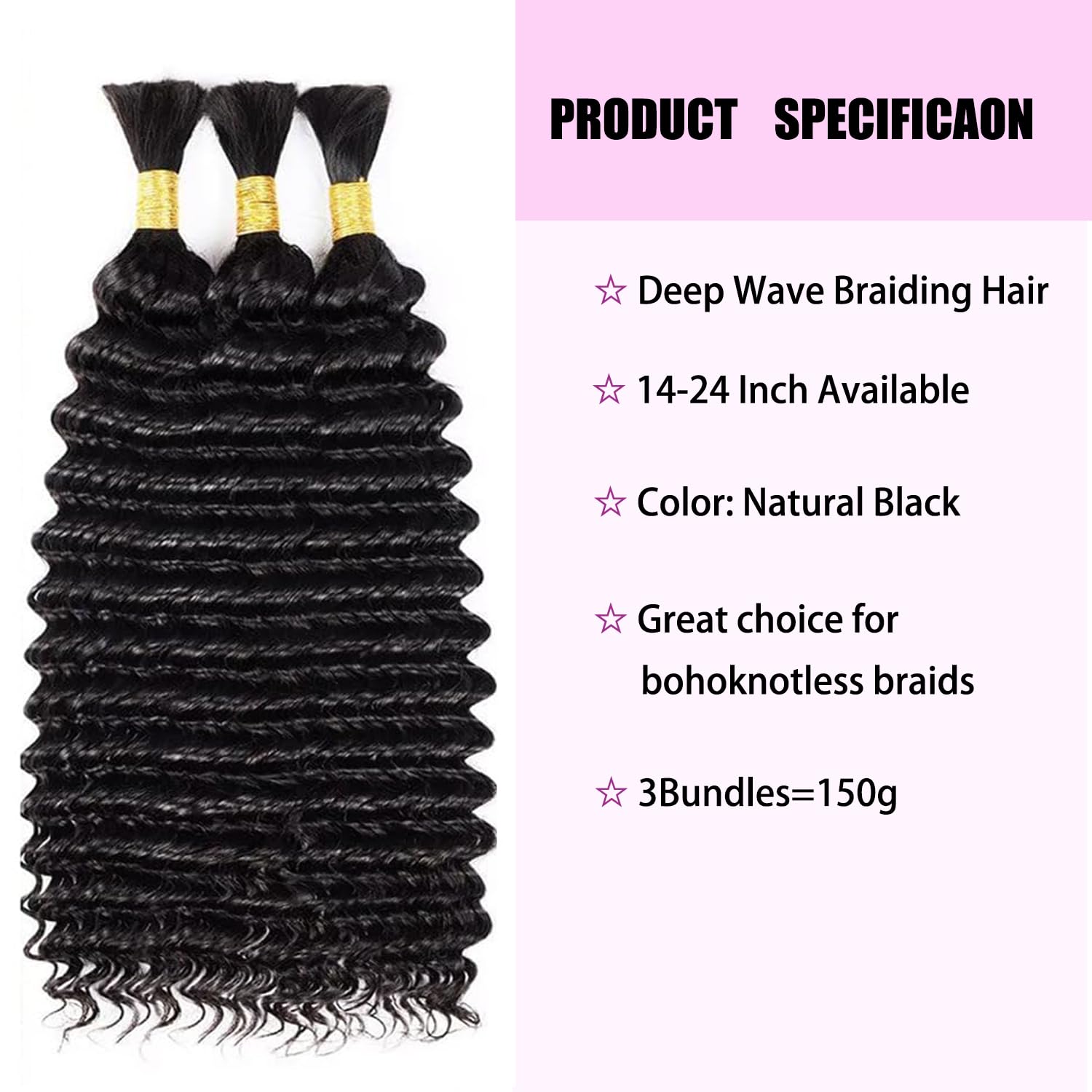 Natural Black Deep Wave Bulk Human Hair for Boho Braids, 3 Bundles/Pack 150g 18 Inch No Weft 12A Curly for Human Braiding Hair Extensions