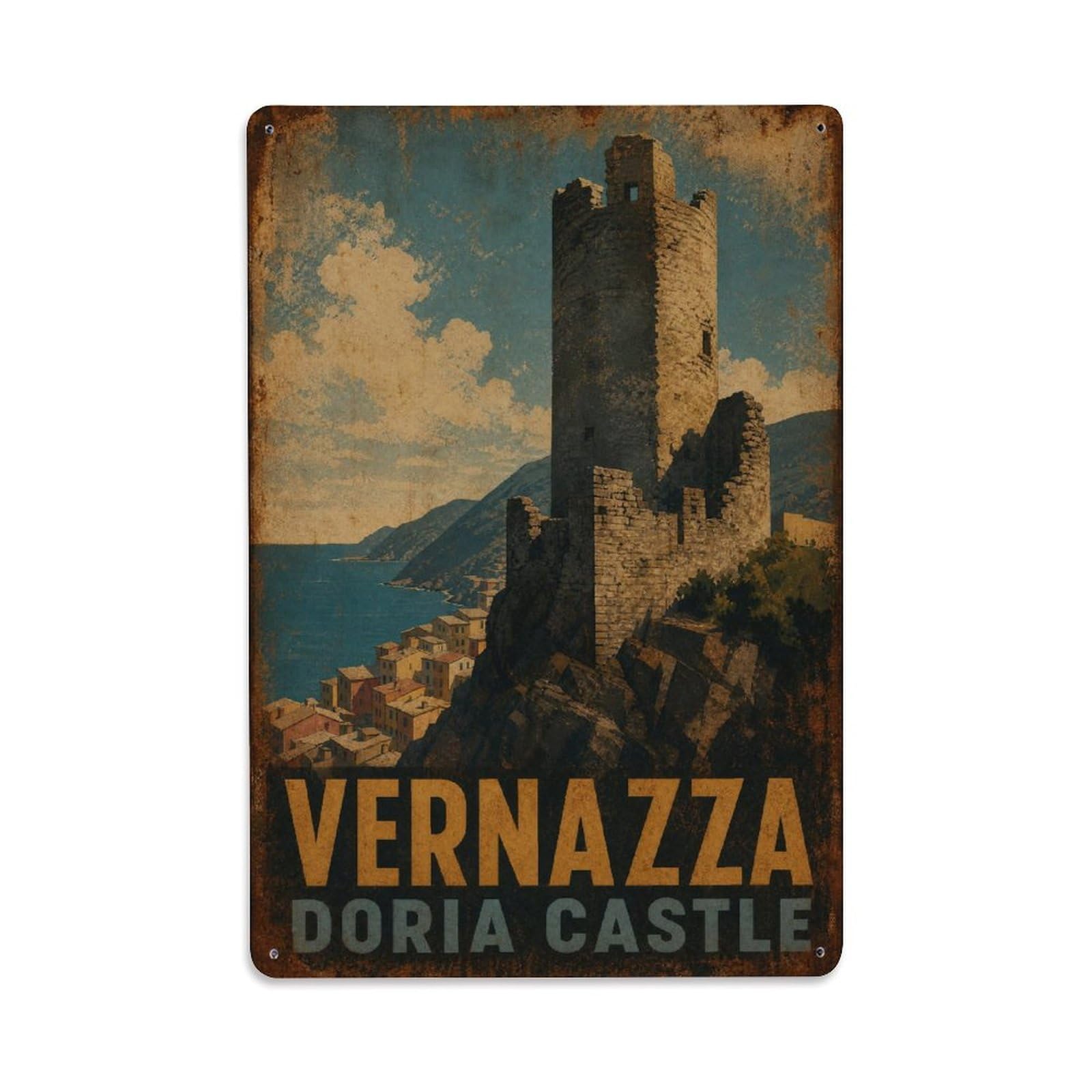 Huiyhb 8X12inch(20X30cm) Vintage Travel Vernazza Doria Castle Tower Ruins Italy Metal Tin Sign