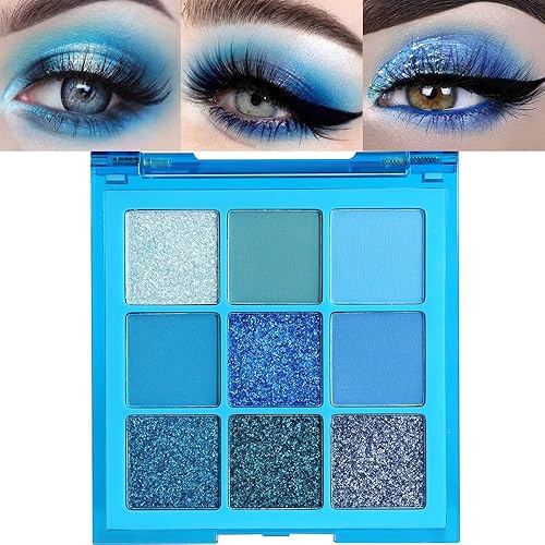 evpct Paleta de sombra de ojos con brillo azul de 9 colores, sombra de ojos brillante con purpurina azul marino real, cobalto, cielo de bebé, azul