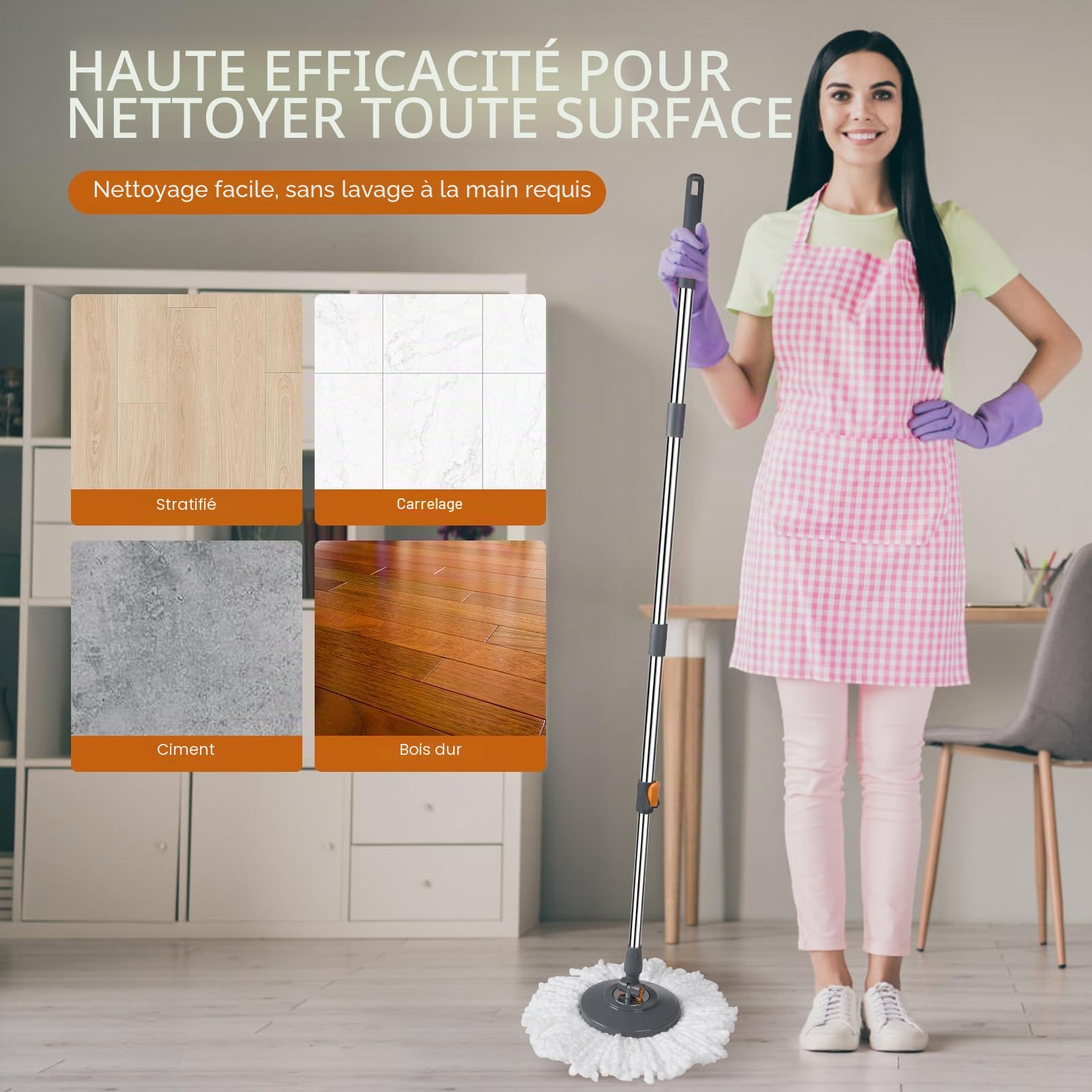 Rainberg Ensemble serpillère et Seau avec 3 têtes supplémentaires, Manche Extensible de 130 cm, têtes en Microfibre lavables en Machine, système d'essorage Automatique, Gris et Orange