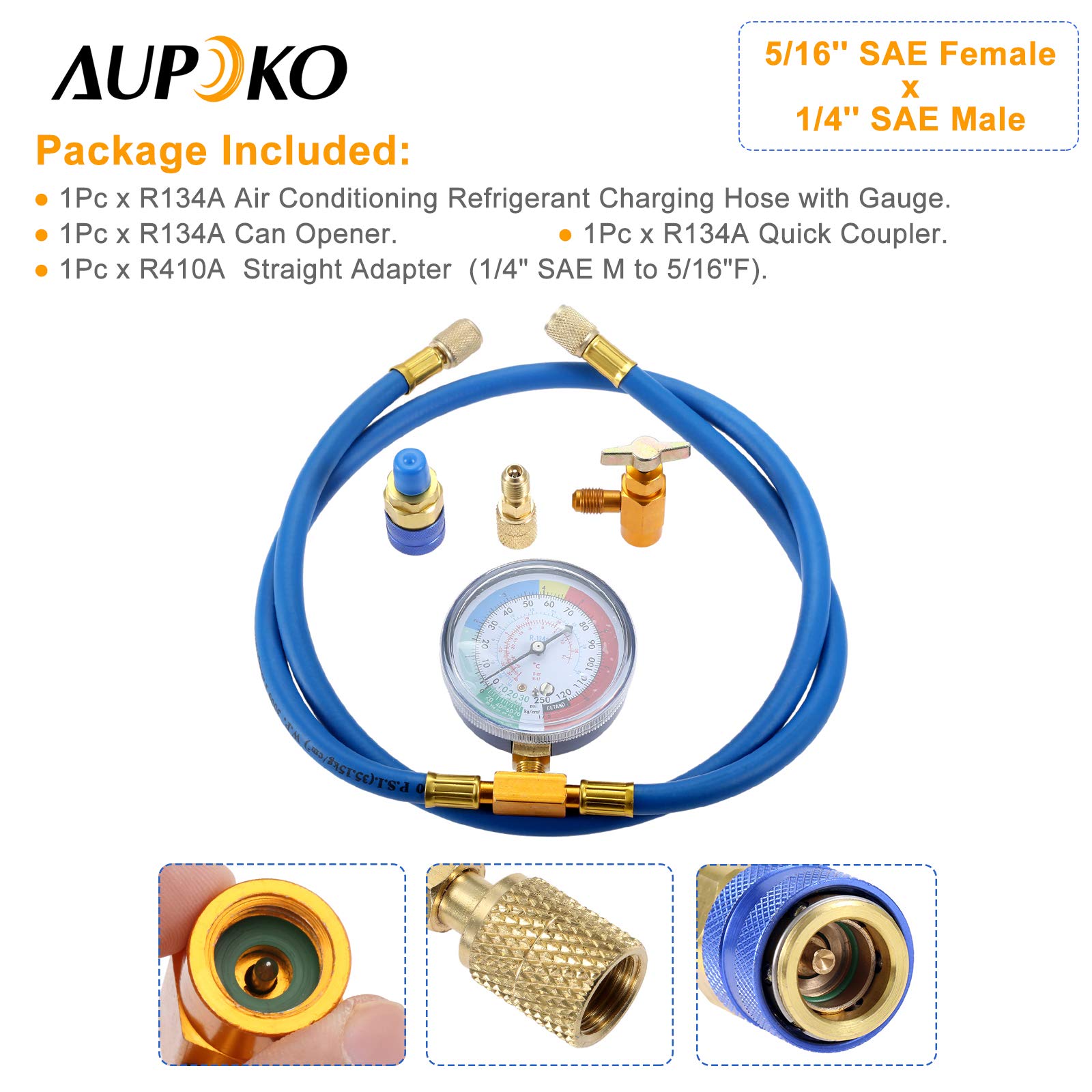 Aupoko 59'' R134A Manguera de Recarga de Refrigerante con Conector de Presión para Abrelatas Rápido Acoplador, se Adapta a Vehículos Refrigerantes R134A R12 o R22 o Aire Acondicionado para el Hogar