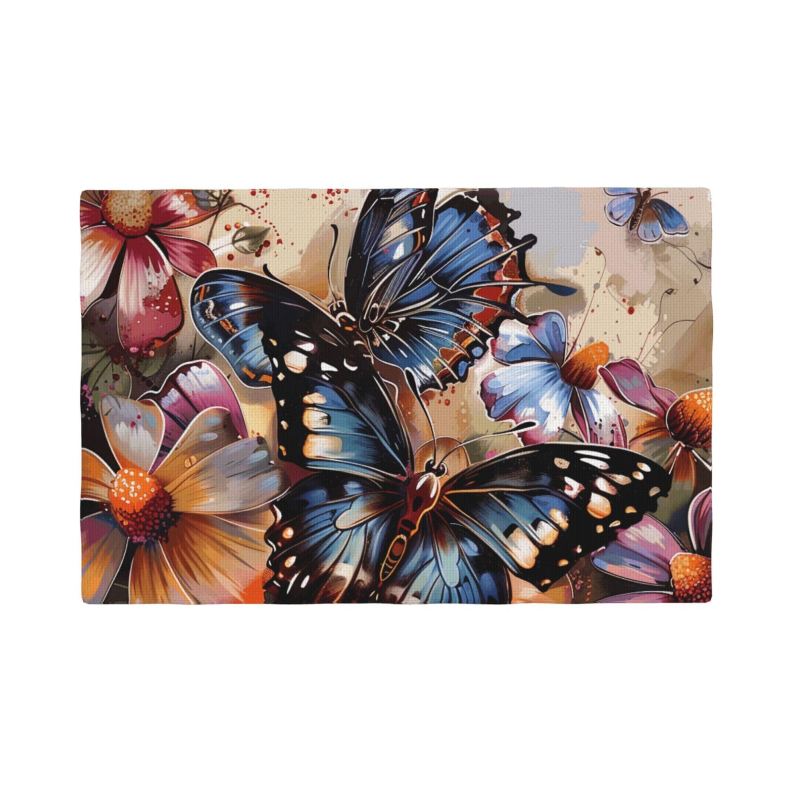 Butterfly flowers Print Placemats Set, Heat Resistant Washable Placemat 12x18in Table Mats for Party Kitchen Dining Table Decoration Indoor Outdoor, Six Piece