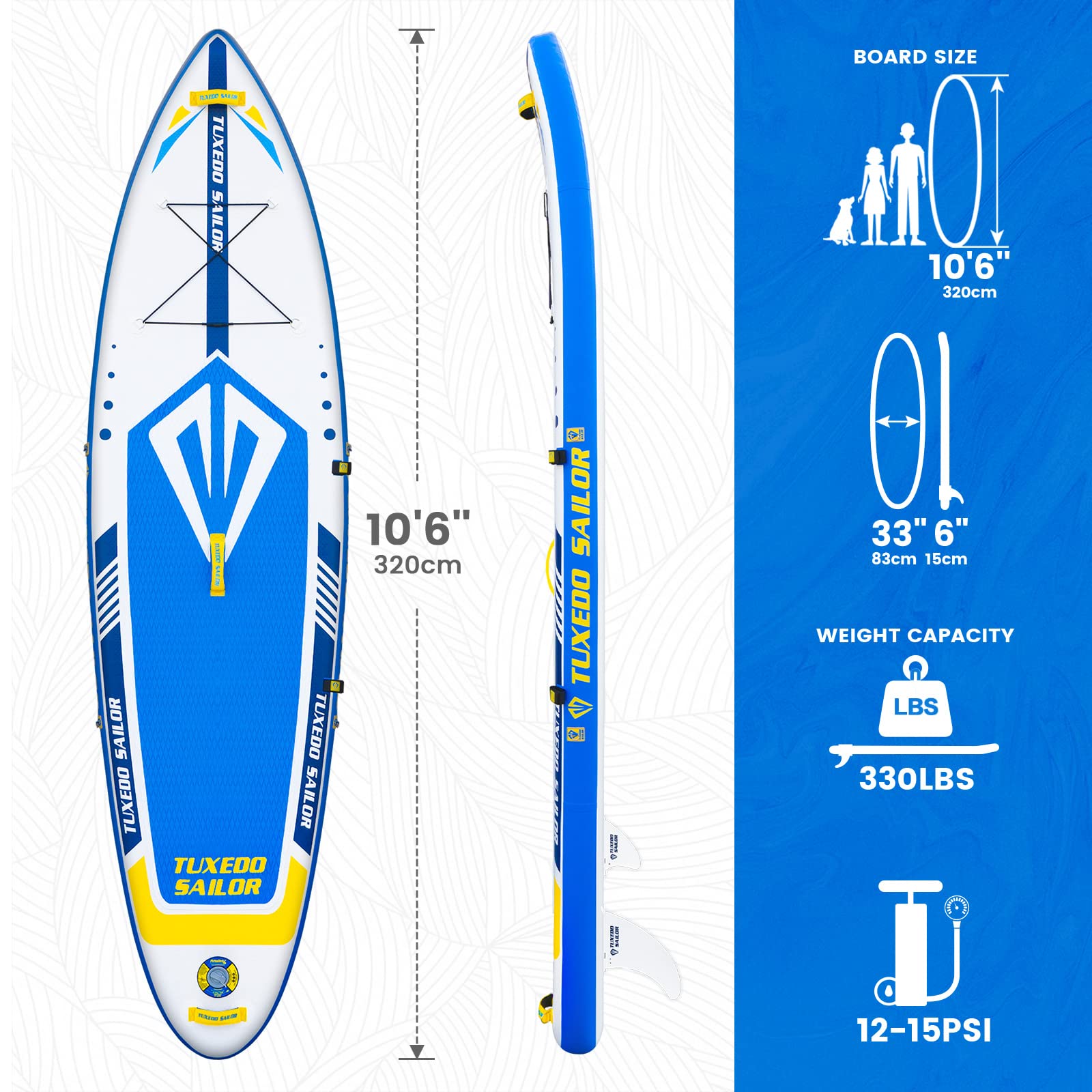 Tuxedo Sailor Stand Up Paddle Surfboard Sup Hinchable Accesorios para Tabla Hinchable Completa Paddle Ajustable, Bomba, Mochila de Viaje ISUP, Peso, Dry Bag