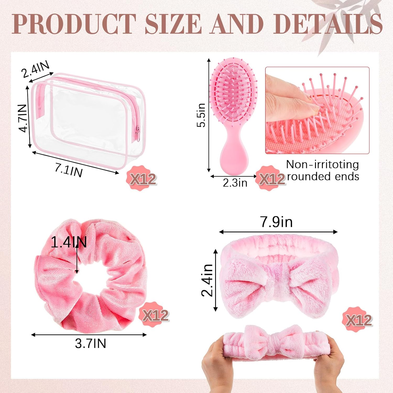 12 Set Pink Spa Party Favors for Women Travel Makeup Brush Bag Mini Pink Hair Brushes Headband Scrunchies for Sleepover Bachelorette Wedding Bridal Shower Party Supplies Bridesmaid Gifts