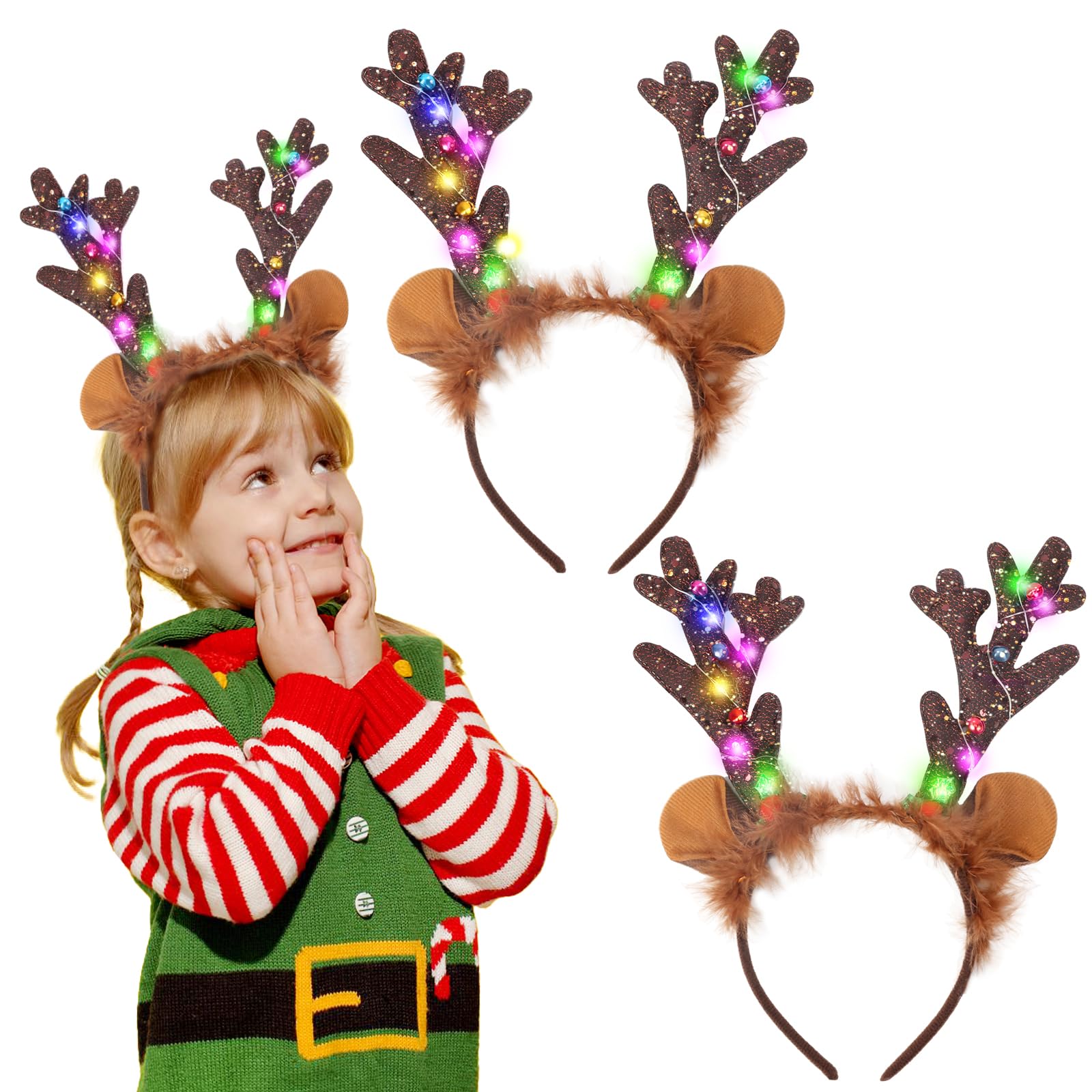 Landifor 2pcs LED Reindeer Antlers Headbands Christmas Light Up Headband Xmas LED Deer Antlers Hair Hoop Kids Adult Reindeer Ears Headwear with Bells for Xmas Party Fancy Dress