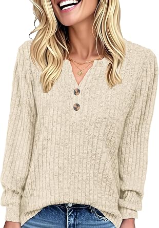 Long Sleeve Shirts for Women Henley Tops V Neck Casual Fall Sweaters