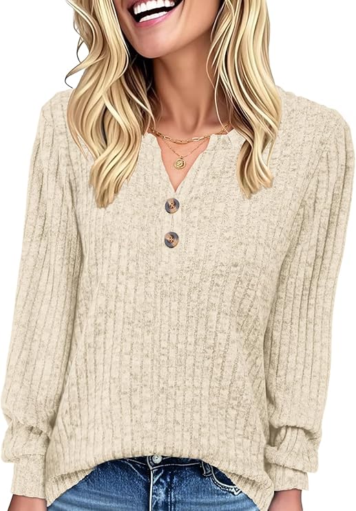 YOKGO Long Sleeve Shirts for Women Henley Tunic Tops V Neck Casual Fall Top Loose Fit Pullover Sweaters Fashion Clothes