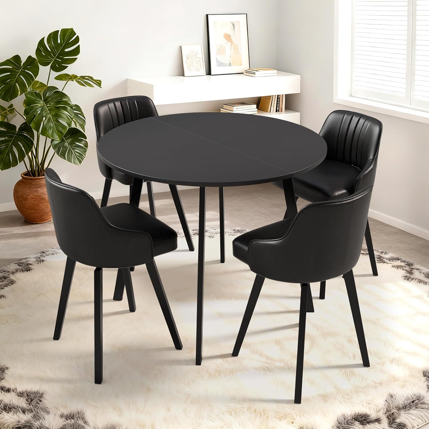 VINGLI Round Dining Table for 2-4, 35in Modern Dining Room Table with Metal Base, Black Wooden Kitchen Table, Space-Saving, Small Space Circle Dinette for Home, Kitchen, Apartment