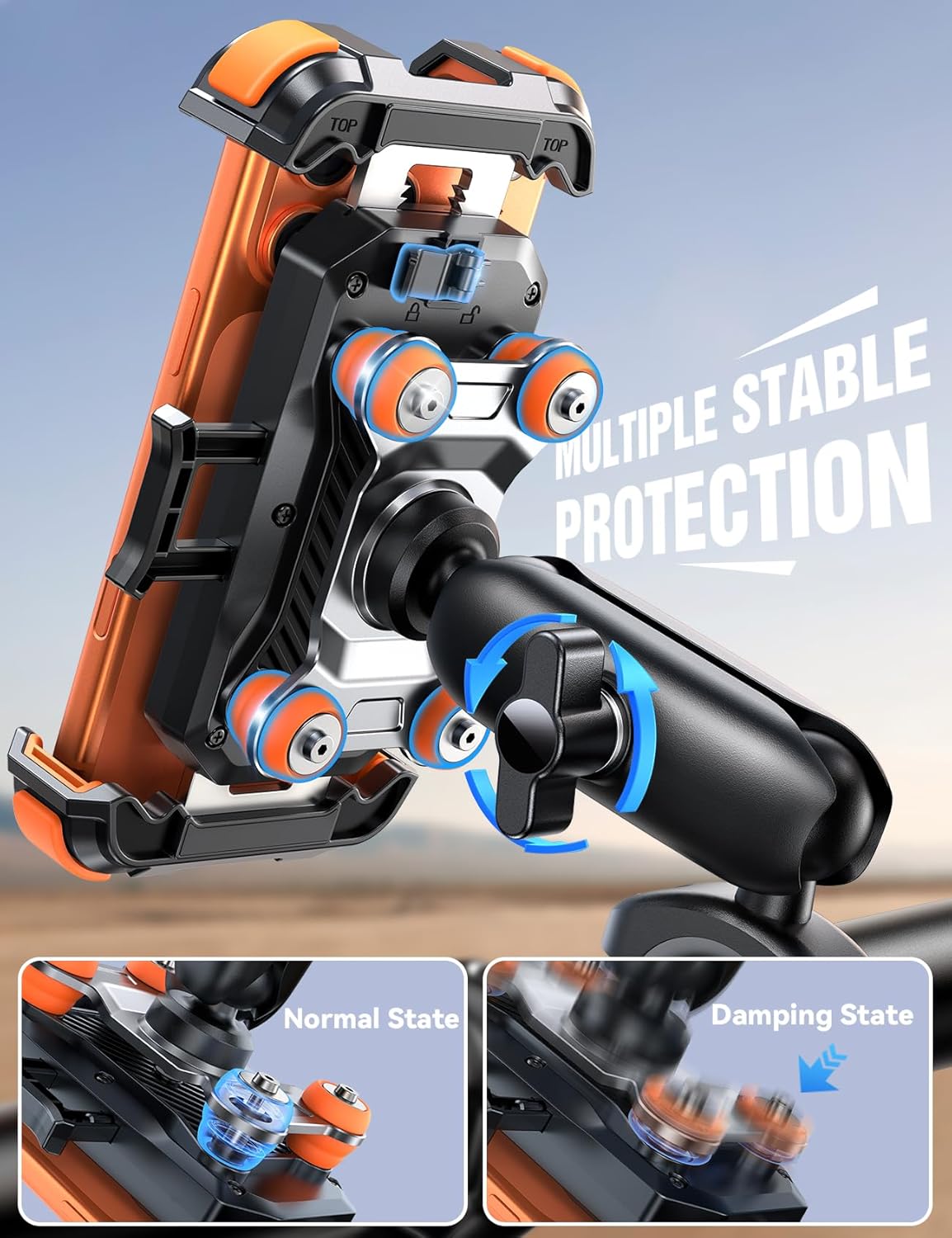 JOYROOM Motorcycle Phone Mount Holder - [Dual Vibration Dampener] 150mph Anti-Shock Phone Holder for Motorcycle [Metal Adjustment Arm] Bicycle Bike Phone Holder Mount for 4.7-7" Cell Phones, Orange