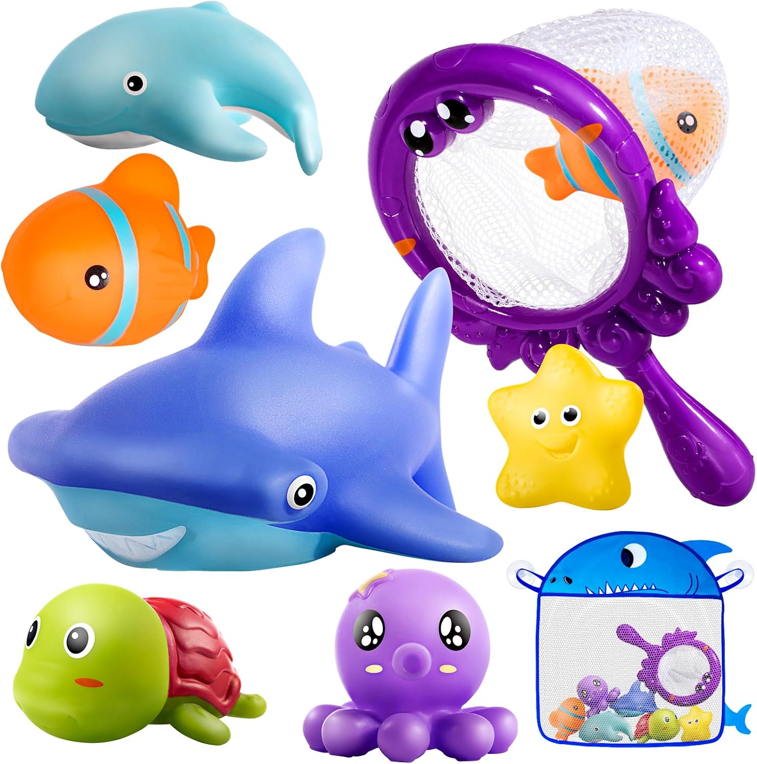 No Hole Bath Toys for Kids Ages 1-3, 8 Pcs Ocean Bath Toys with Storage and Net, Sealed & Squeezable & Float on Water