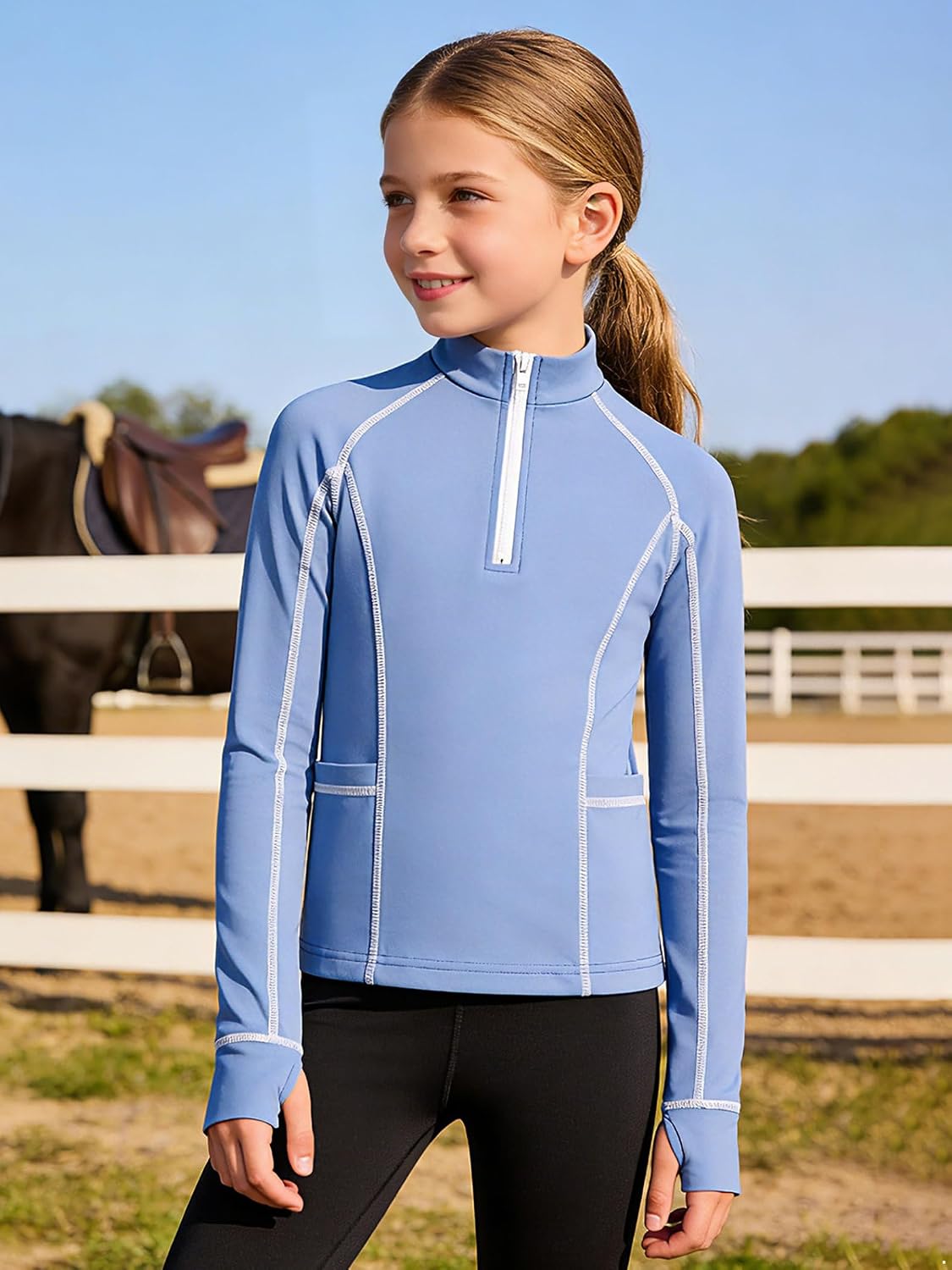 Kids Girls 1/4 Zip Up Sweatshirts Workout Athletic Shirts Outdoor Activities Equestrian Class Outfit