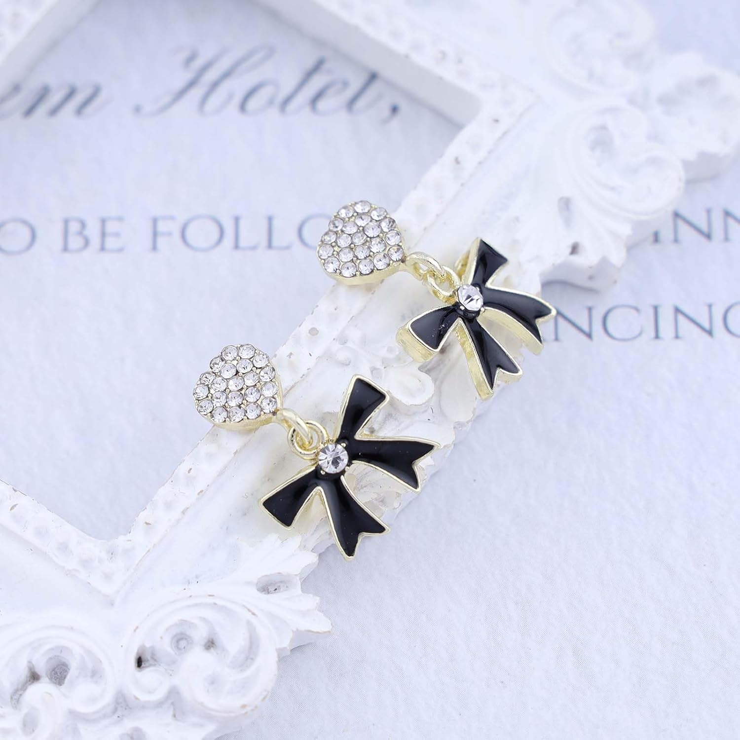 Vintage Crystal Heart Stud Earrings Black Oil Drop Bow Earrings Rhinestone Bow Dangle Earrings Gold Cz Heart Earrings Jewelry for Women - Image 4