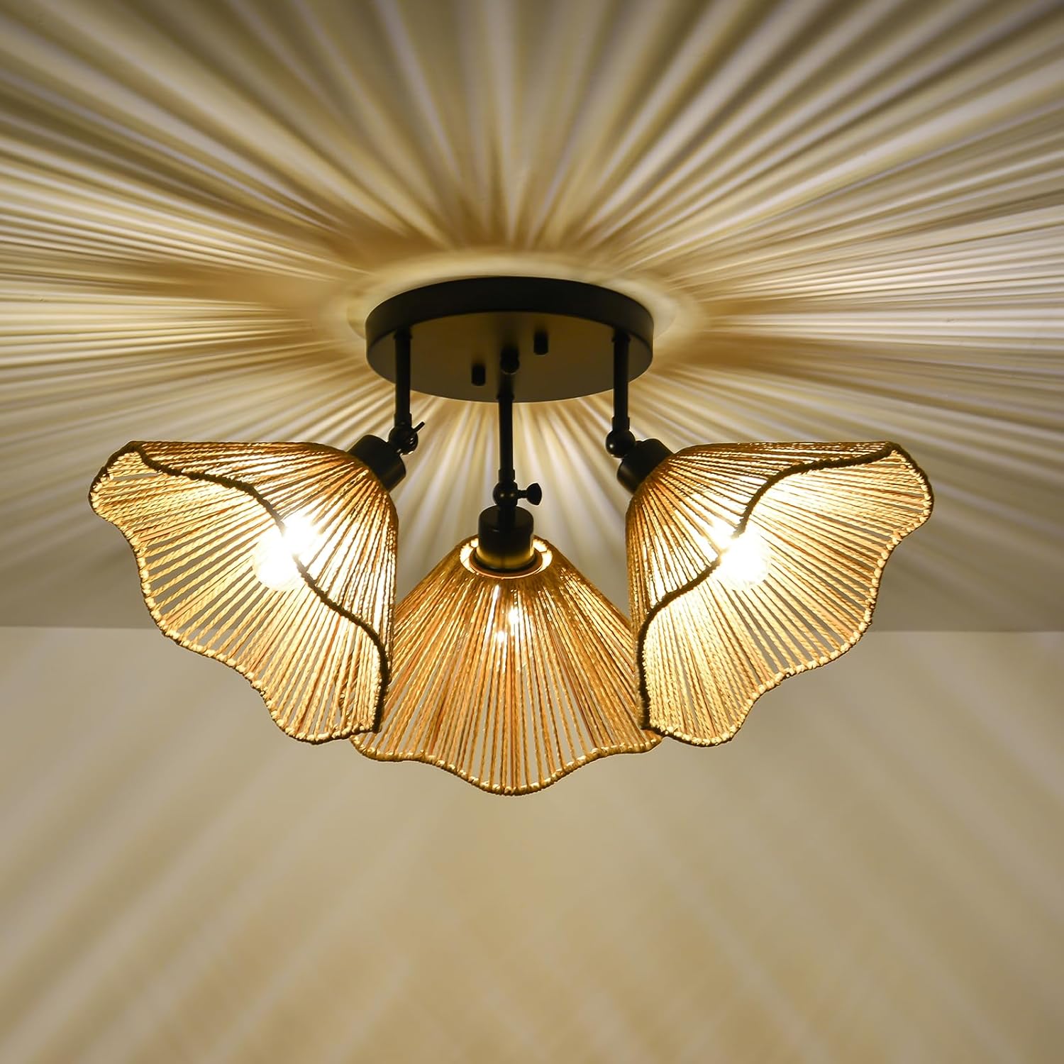ETONIMERR 26.77'' Rattan Semi Flush Mount Ceiling Light Fixture, 3-Lights Boho Light Fixtures Ceiling Mount, Woven Chandelier Wicker Light Fixture for Dining Room Entryway Hallway Bedroom Kitchen