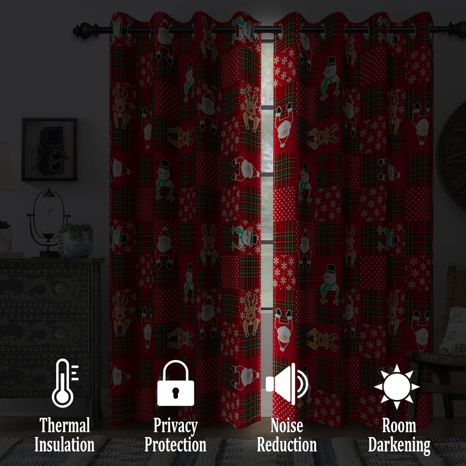 Renaiss Christmas Blackout Curtains for Bedroom Cartoon Santa Claus Snowman Plaid Window Curtain Festival Holiday Window Drapes for Living Room Decor Darkening Curtains 2 Panels Set, 26x45 Inch