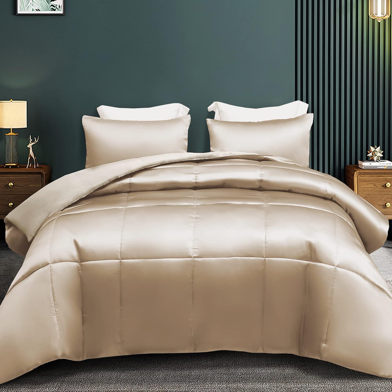 Whale Flotilla 3-Piece Reversible Silky Soft Queen Comforter Bedding Set, Luxurious Satin Comforters Full Size with 2 Satin Pillowcases, Lightweight Duvet for All Seasons, Champagne Champagne Full/Queen(88"X88")