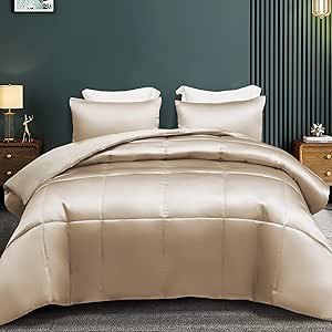 Whale Flotilla 3-Piece Reversible Queen Size Silk Comforter Set/Bedding Set, Soft Satin Comforter with 2 Satin Pillowcases, Lightweight Duvet Set for All Seasons, Champagne