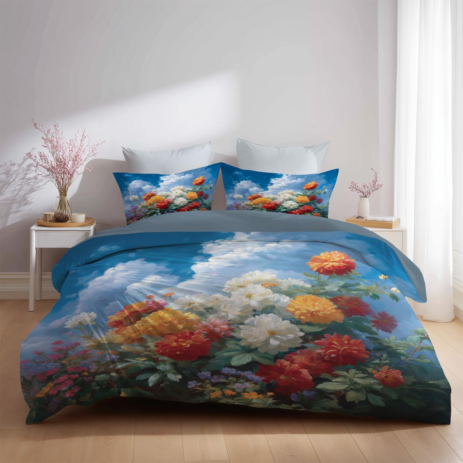 Generisch Kwiatowy komplet pościeli 155 x 220 cm, błękitna, poszwa na kołdrę dla dzieci, młodzieży i dorosłych, kolorowe kwiaty, niebo, żywe, miękkie, puszyste, oddychające, z mikrofibry
