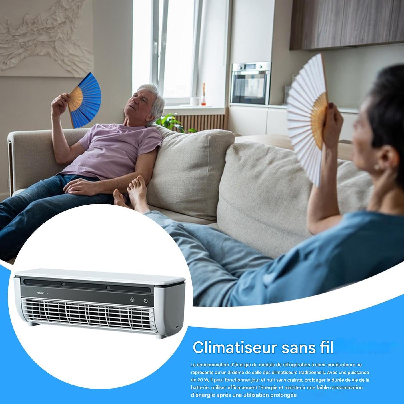 Luftkühler, tragbarer Ventilator mit Klimaanlage, 3 Geschwindigkeitsstufen mit kabellosem Ladegerät für Haus, Schlafzimmer, Camping, Auto, Badezimmer, Küche, Badezimmer