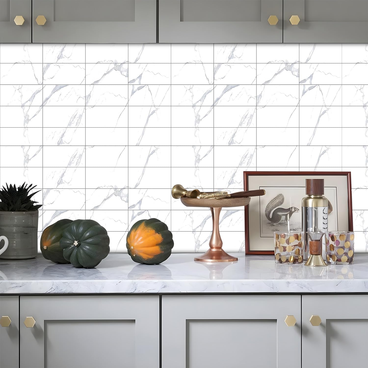 Peel Stick White Marble Tile Stickers 4x8 in with PE Foam Thickened | waterproof and removable 16 pcs smart wall tiles stick on backsplash for kitchen RV bathroom backsplash