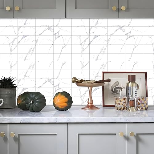 Miniatura 2 de Azulejos contra salpicaduras, azulejos de despegar y pegar para cocina, baño, ducha, pared, azulejos de imitación de mármol blanco, azulejos blancos