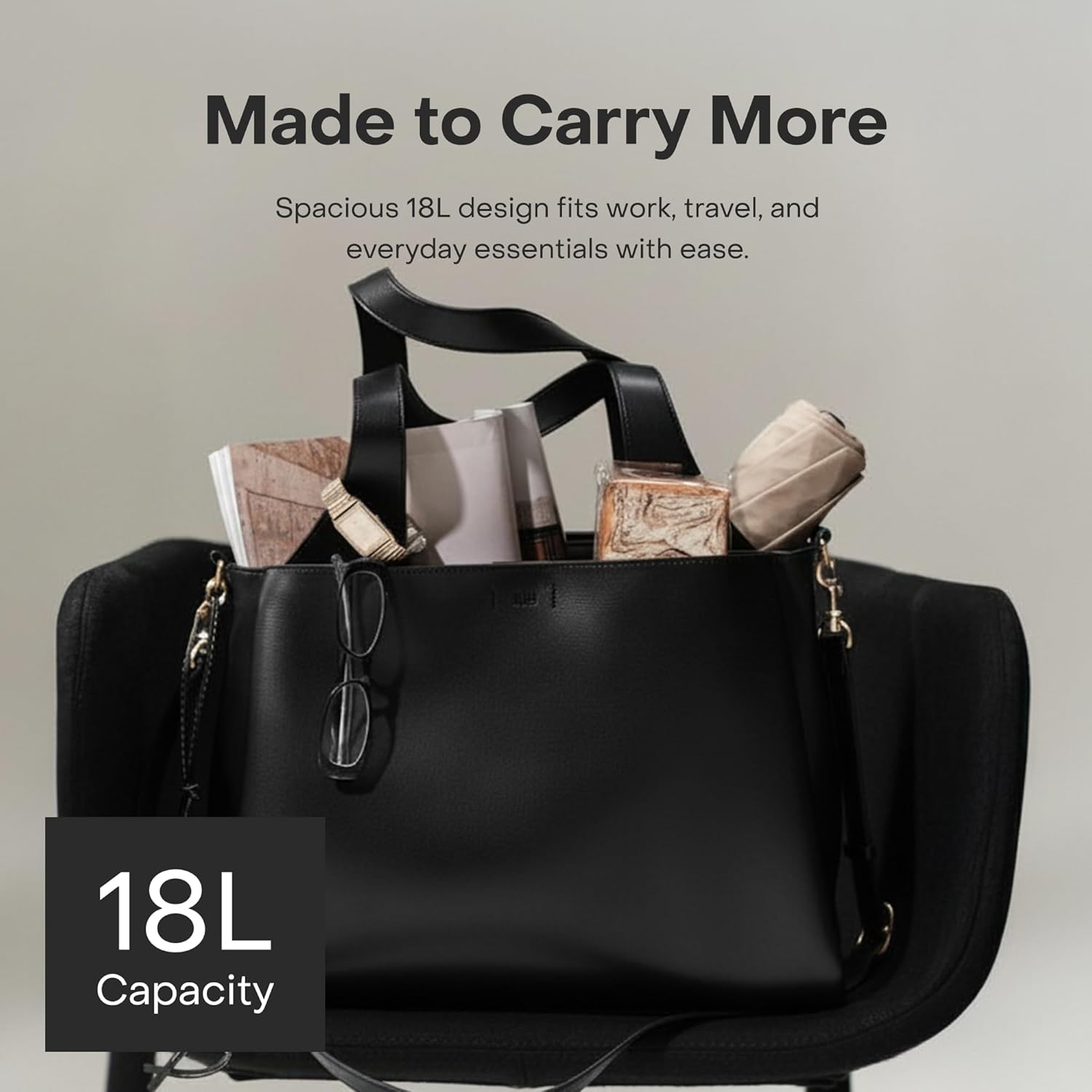 Juliette Soft Work Tote - Tote Bag for Women with Laptop Sleeve, Detachable Crossbody Strap, Pass-Through Band, Drink Bottle Holder, Modern Tote Bag for Work & Travel, 18L - Black