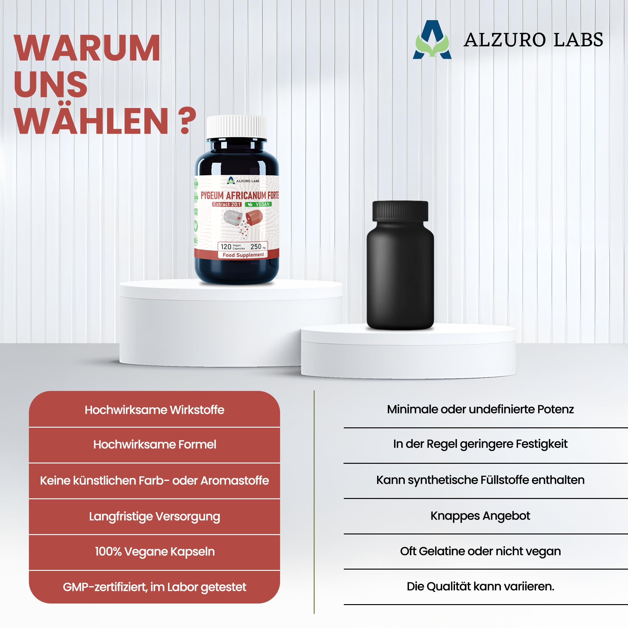 Pygeum africanum | 5.000 mg Äquivalent | 250 mg 20:1 Rinden-Extrakt (13% Phytosterole) | 120 vegane Kapseln | 4-Monats-Vorrat | Prunus africana | GMP & Laborgeprüft