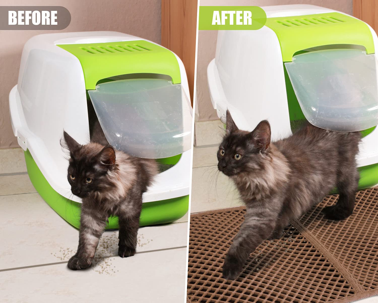 Pecute Tappetino Lettiera Gatto (60 * 42cm, Nero), Tappetino Sabbia Gatto Utilizzato in Varie Lettiere, Doppio Strato Tappetini Igienici con Grandi Fori, Impermeabile e Antiscivolo, Facile da Pulire