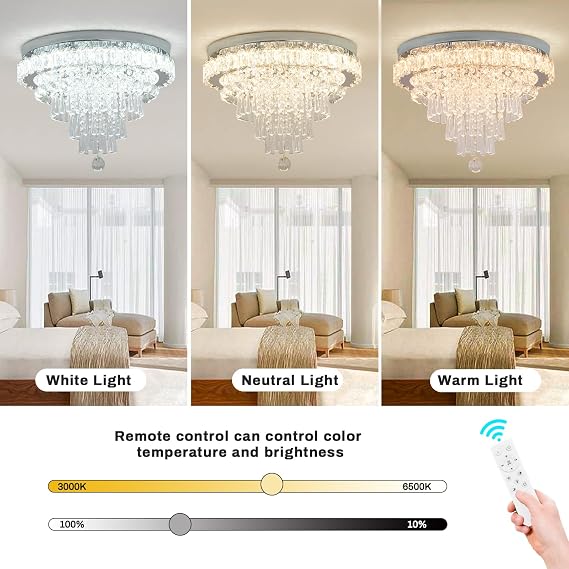 18 Inch Crystal Ceiling Light 5 Tier Flush Mount Dimmable | Dimmable LED Chandelier with Remote Control for Living Room Bedroom Dining Room and Hallway [Energy Class E]