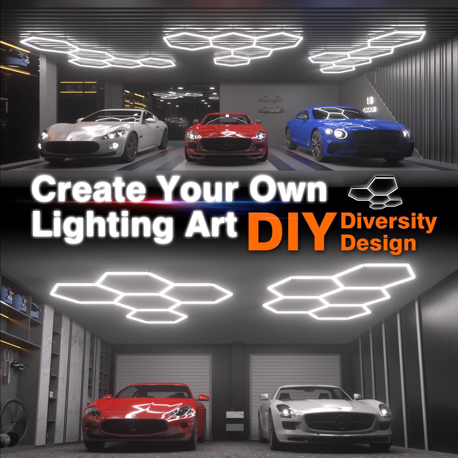 Hexagon Garage Lights : 3 Level Dimmable 168W Tube 5 Grids Hexagon LED Lights - Easy Install 6500K Super Bright Hex Lights for Garage, Home Gym, Shop, Workshop, Basement, Studio