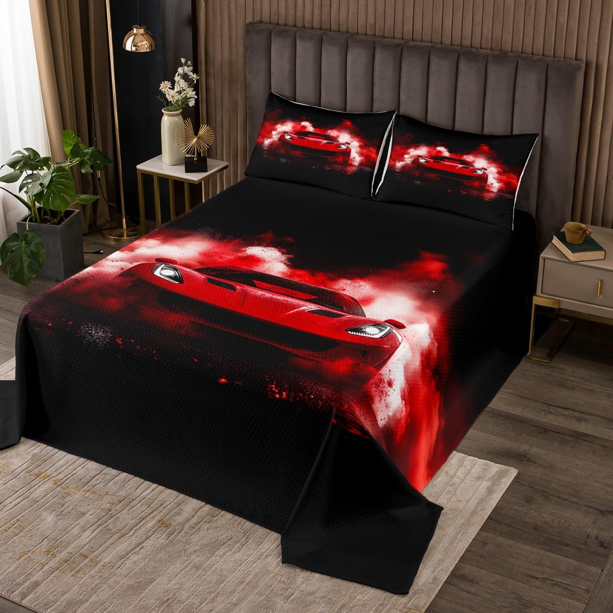 Erosebridal Red Race Car Bedspread Set Twin Size for Toddler Kids,Racing Car Bed Sets for Boys,Cool Speed Sports Cars Coverlet Set,Racing Games Cars Room Decor,Black Red