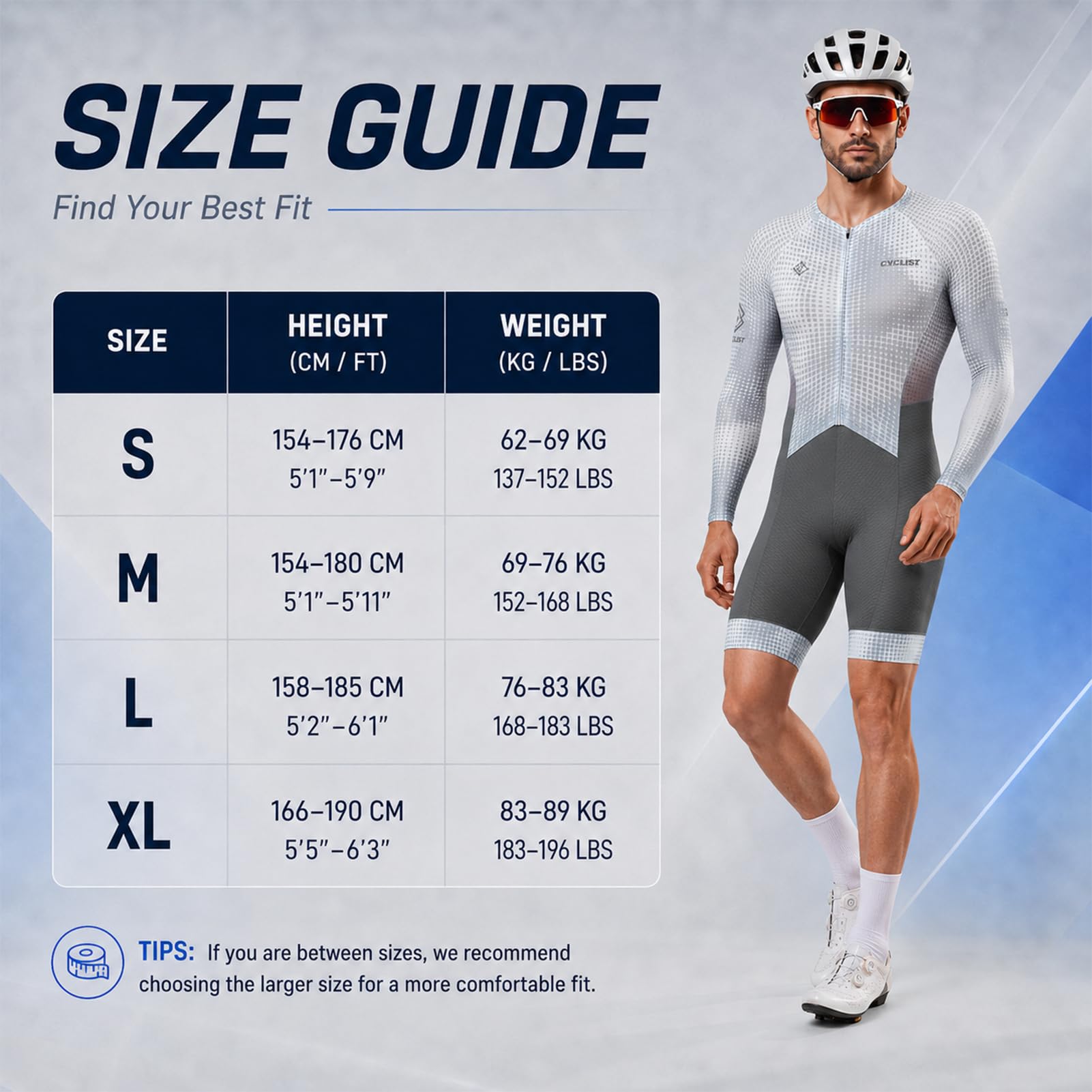 Tuta Ciclismo Uomo Manica Lunga – Aero, Fondello Alta Densità | Traspirante, asciugatura rapida, 3 tasche posteriori, UPF 50+, protezione UV, per ciclismo su strada & triathlon