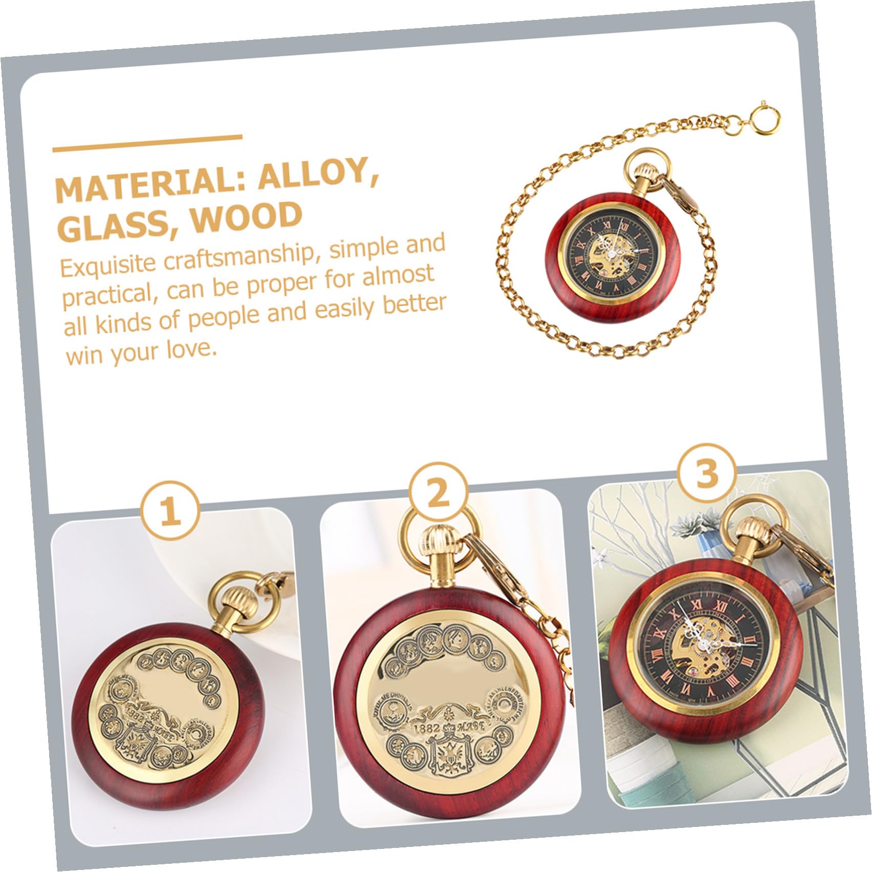 Reloj de Bolsillo Vintage Cadena, Diseño Mecánico Antiguo en Aleación y Madera, Fácil de Llevar para Uso Diario y Ocasiones Obsequios