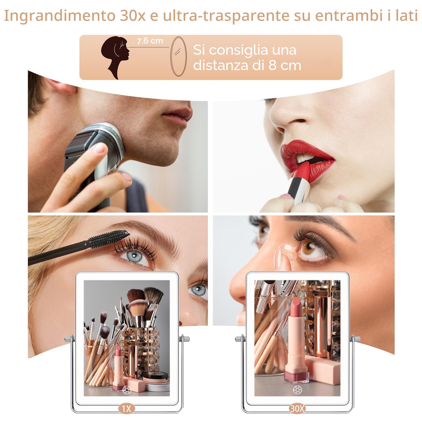 Famihomii Specchio cosmetico ricaricabile con illuminazione a LED, 4500mAh specchio da trucco con ingrandimento 1/30X e interruttore touch a batteria, specchio da barba regolabile a 360°