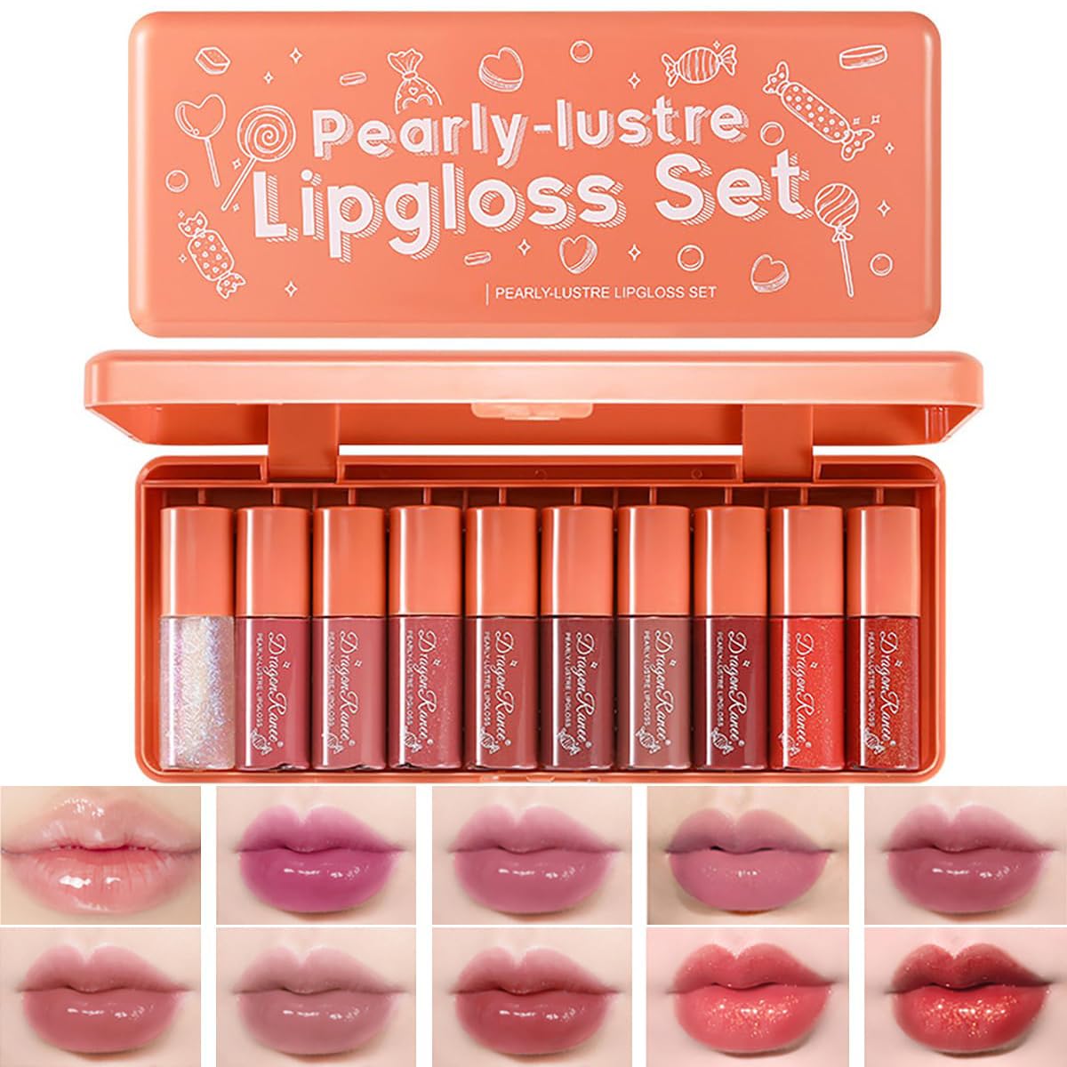 10 Colors Lip Tint Stain Set with Natural Fruits Design, Pearly Lustre Finish, Korean Plumping Lip Gloss Watery Lip Stain (Orange Box)