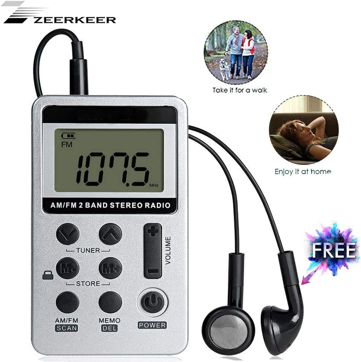 ZEERKEER Pocket Radio AM/FM Walkman Radio with Stereo Headphones, Rechargeable Battery and LCD Display, Portable Digital Tuning Stereo Radio for Walk/Jogging/Gym/Camping(Silver) : Electronics