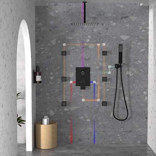 Miniatura 9 de Sistema de ducha de lluvia negro mate con chorros, sistema de ducha de lluvia de montaje en techo de 12 pulgadas y rociador de mano, juego combinado