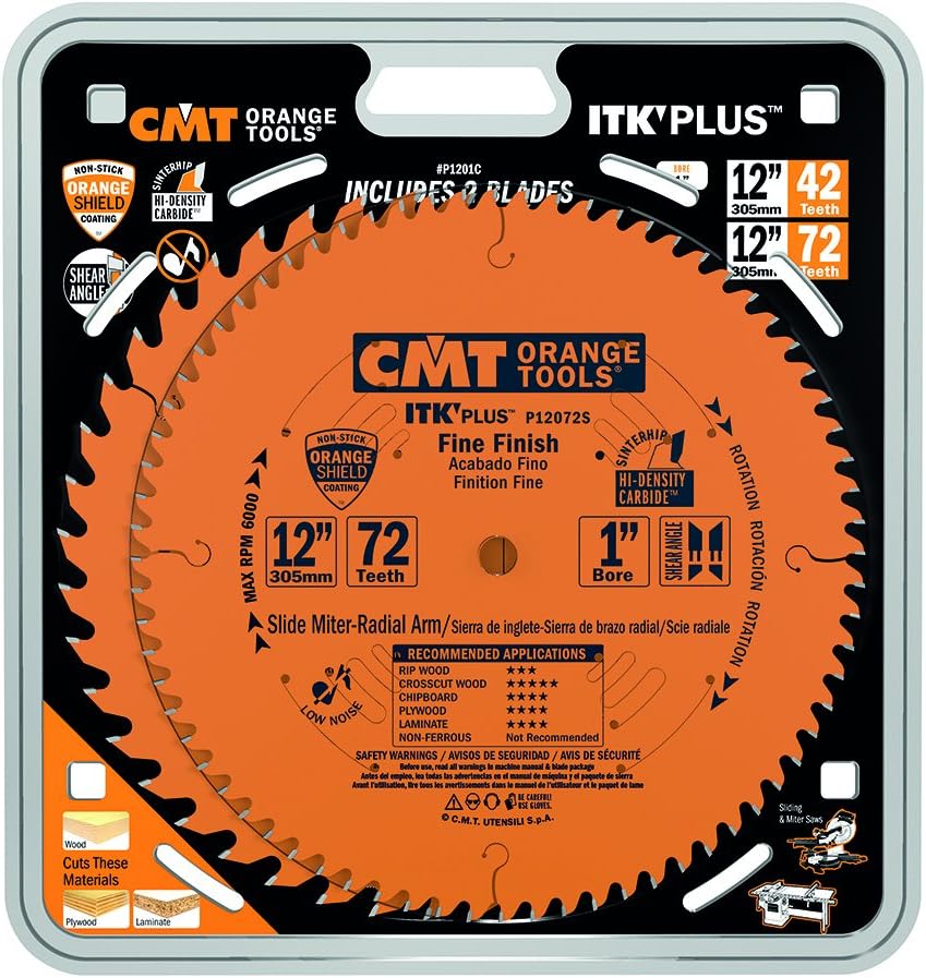 CMT P1201C One Ripping + One Finishing Blade for Sliding Compound Miter for Soft/Hardwood, Plywood and OSB Panels, Orange