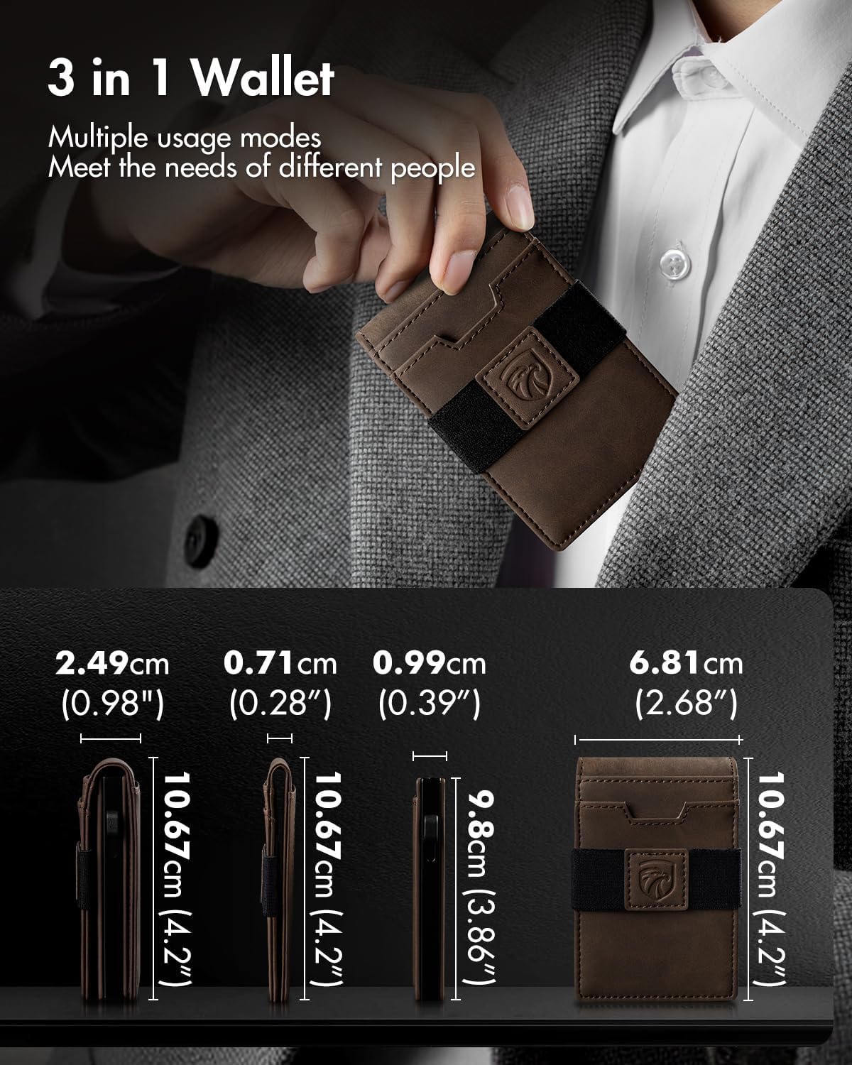 iwantit 3 in 1 MagSafe Wallet Men: Slim Bifold Money Clip + Smart Pop up Card Holder - Cash Strap, Men’s Minimalist Magnetic Wallet, ID Window, Premium Leather (Nubuck Brown) - Image 2