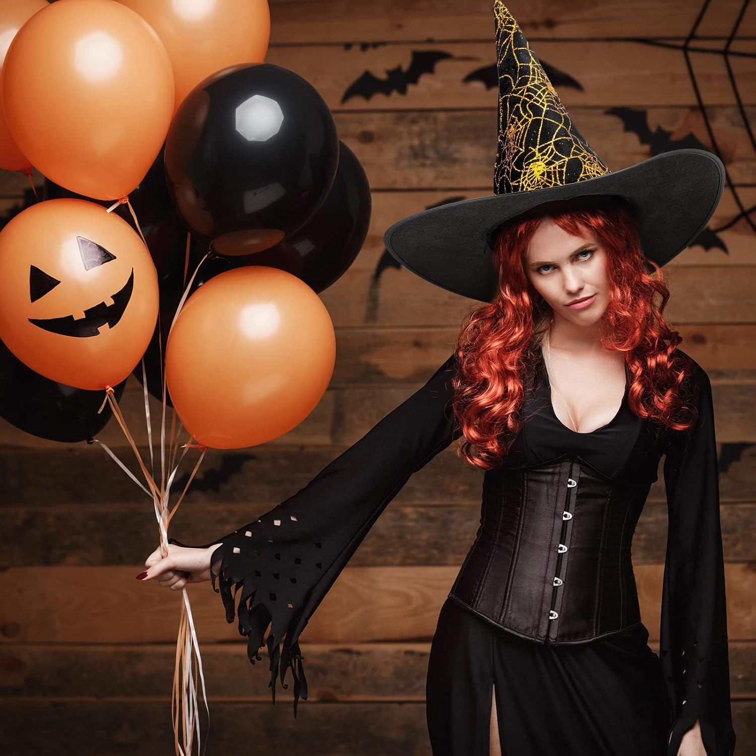 Miniatura 5 de 3 piezas de sombrero de bruja vintage de Halloween para mujer accesorios de cosplay de brujas mago de brujas impresas en telaraña sombrero de bruja