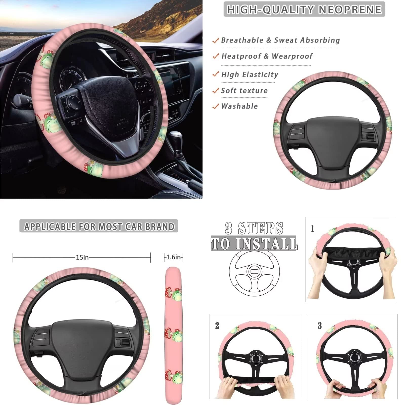 Dolyues Set di 10 coperture per sedile a forma di rana, con lumache a fungo, per cintura di sicurezza, coprivolante, portachiavi, per auto, bracciolo per consolle, portachiavi