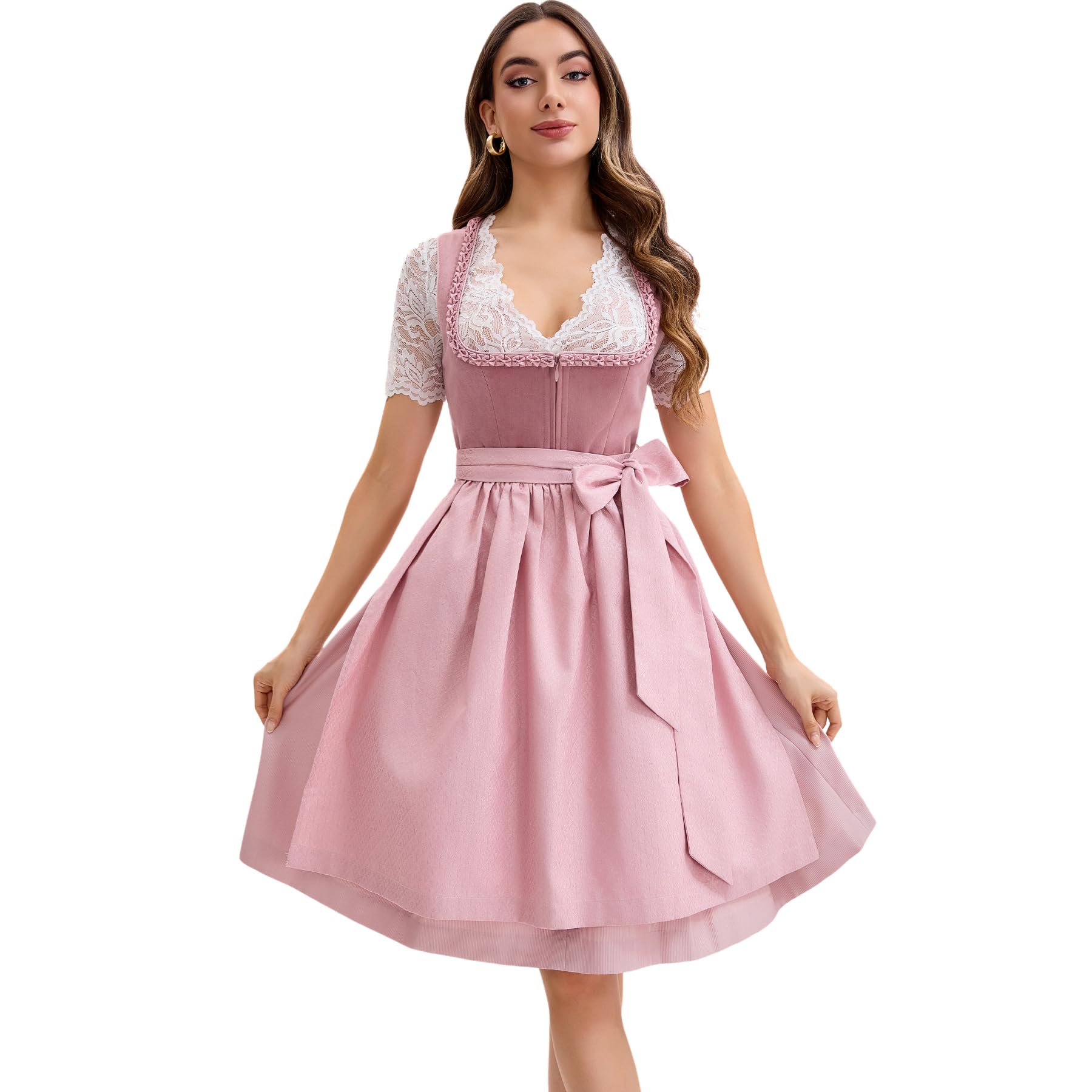 Goxozzy Dirndl Damen Midi aus Samt mit Dirndlschürze für das Oktoberfest Lang Trachtenrock Größen 34-44 Rocklänge 60cm Rosa
