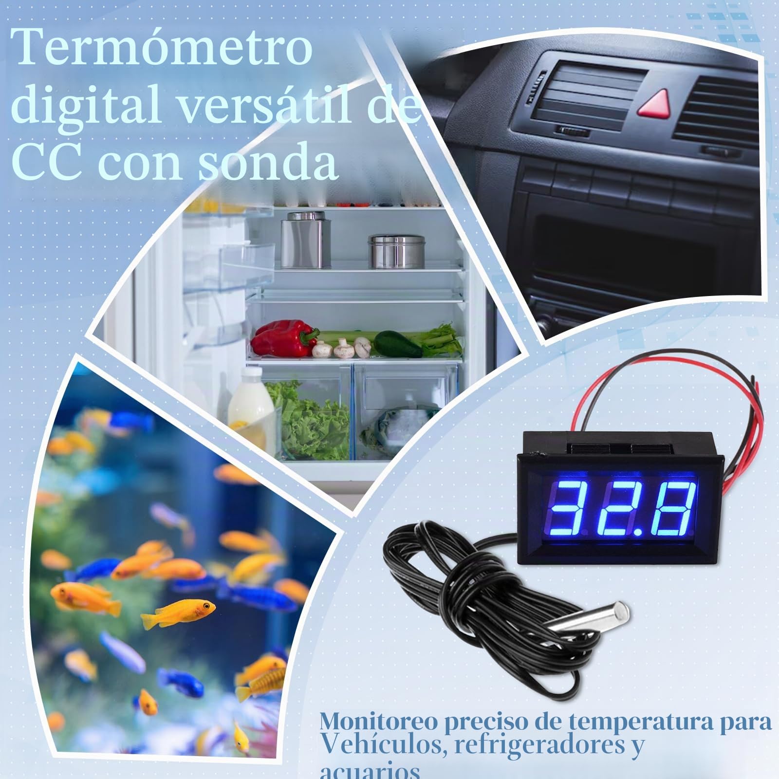Termómetro Digital 12V con Sonda LED para Congelador Refrigerador Acuario, Azul